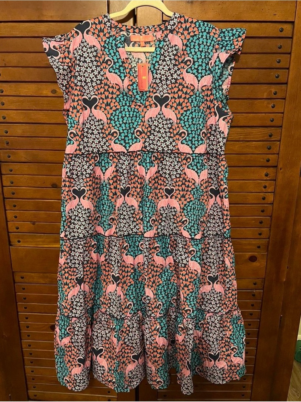 NWT Simply Southern Pink Teal Flamingo Tiered Midi Dress Sz XL